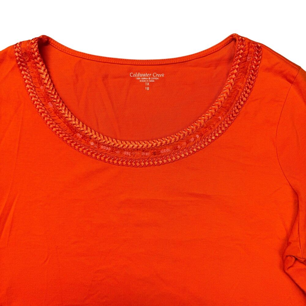 Coldwater Creek Top Women's 1X 18 Orange 3/4 Sleeve Braided Sequins Neck Blouse